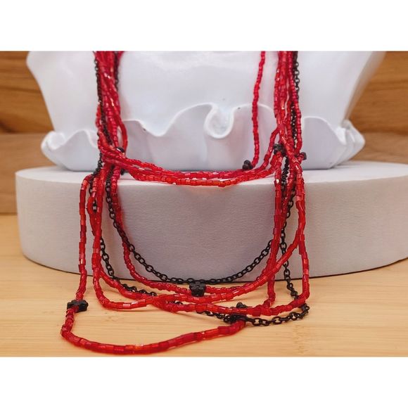 Vintage Multi Strand Layered Red Seed Beads and Bronze Color Flower Necklace - Picture 2 of 9